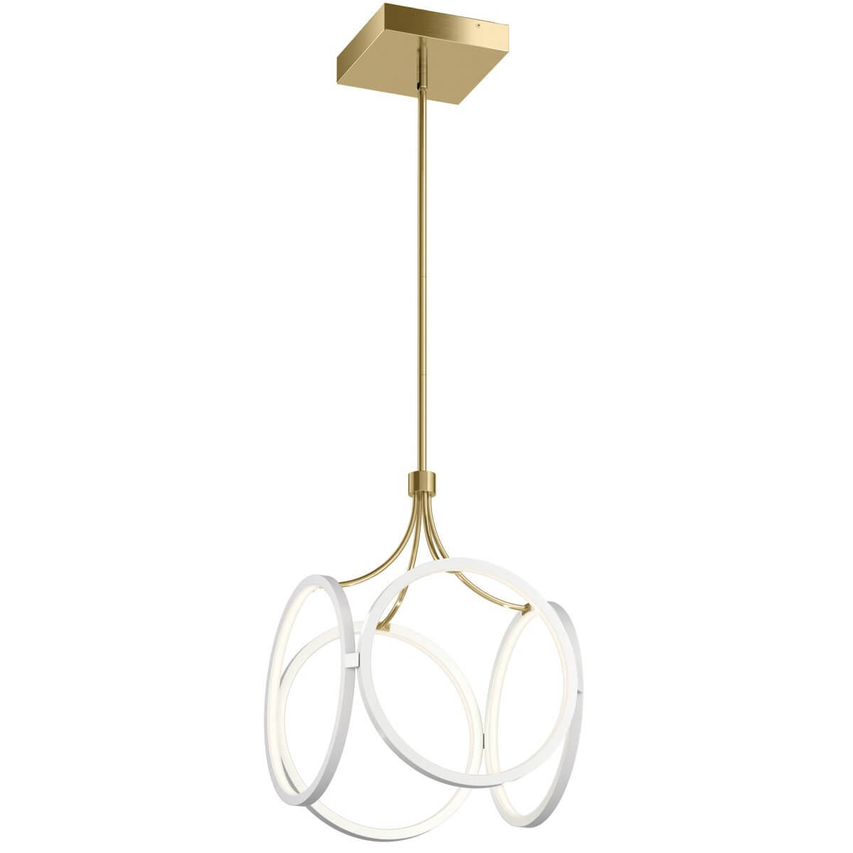 Vue de face du luminaire suspendu doré avec ses anneaux blancs entrelacés