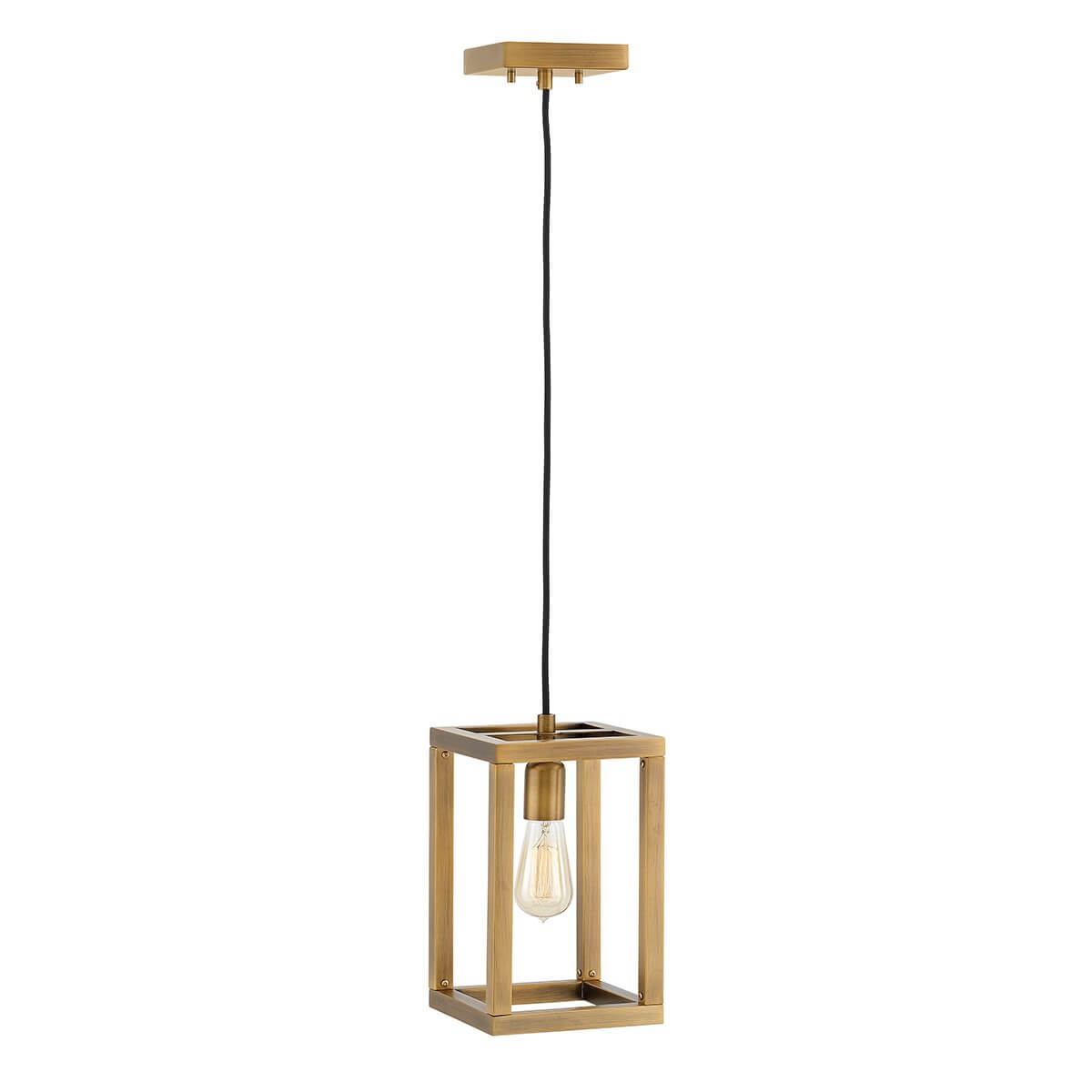 Vue de face du luminaire suspendu, rosace carrée en laiton et ampoule Edison visible
