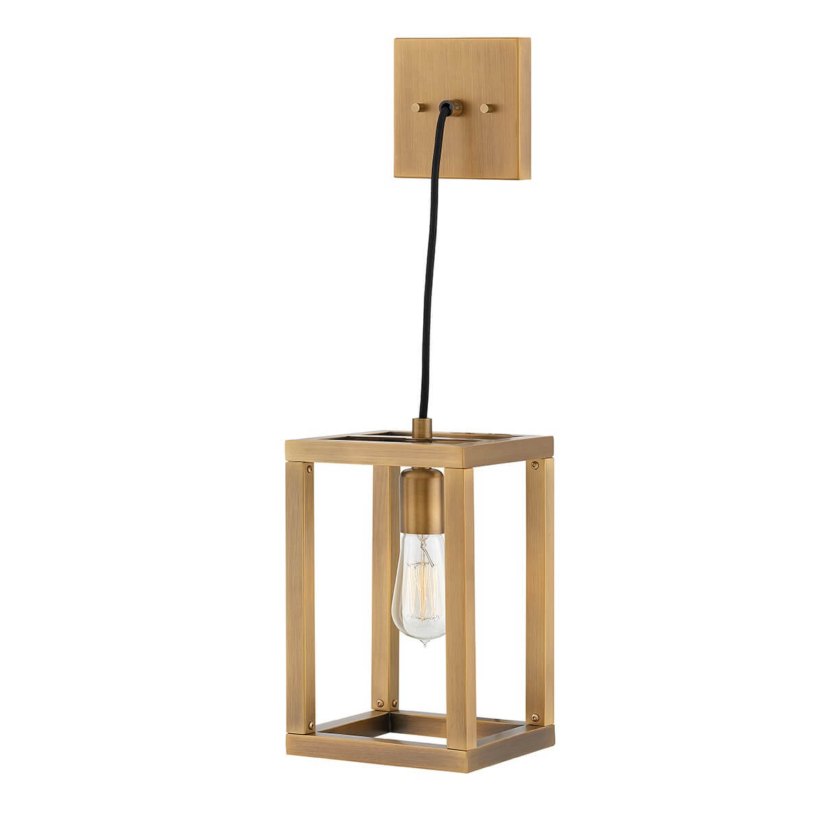 Vue en angle du luminaire, rosace carrée fixée au support et câble noir tendu
