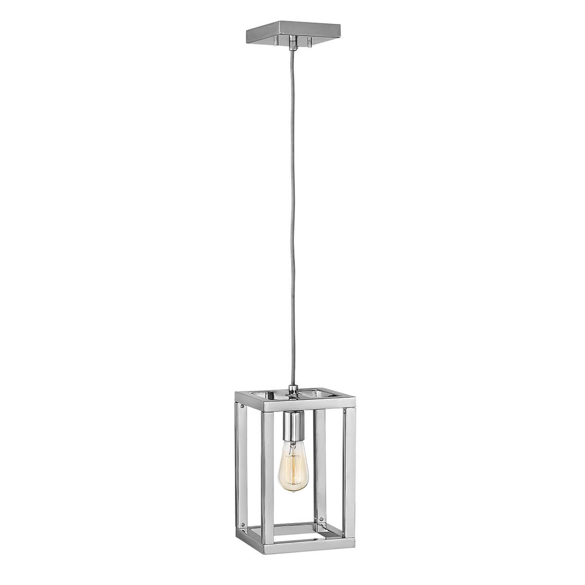 Suspension complète en nickel poli avec abat-jour cage carrée et ampoule visible