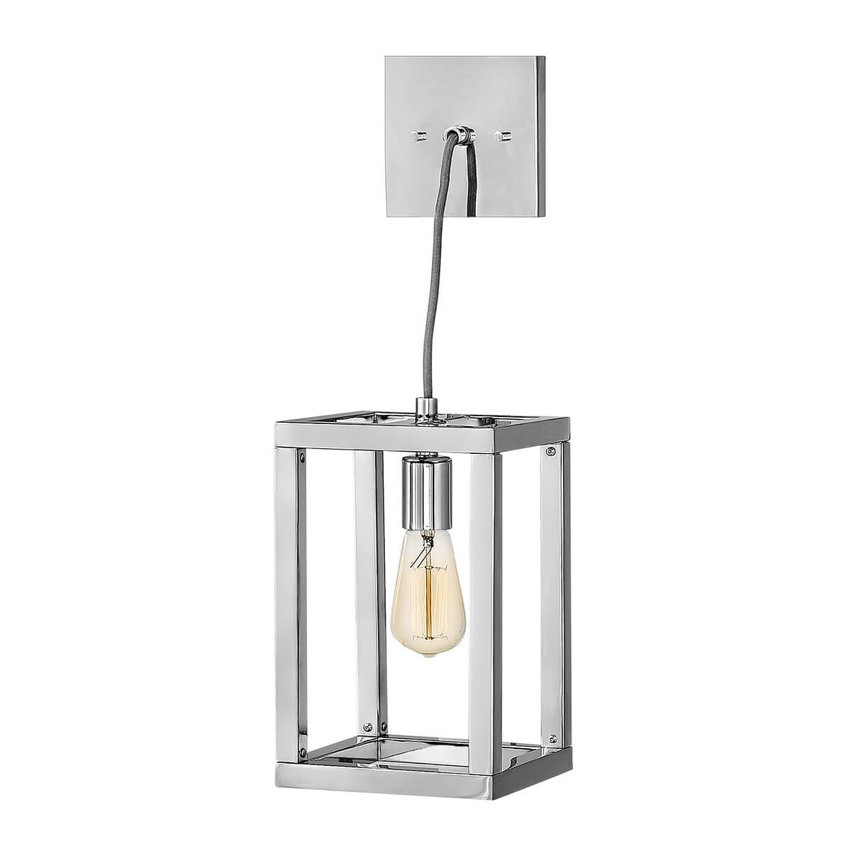 Vue de côté du luminaire suspendu, cadre métallique carré et câble tressé