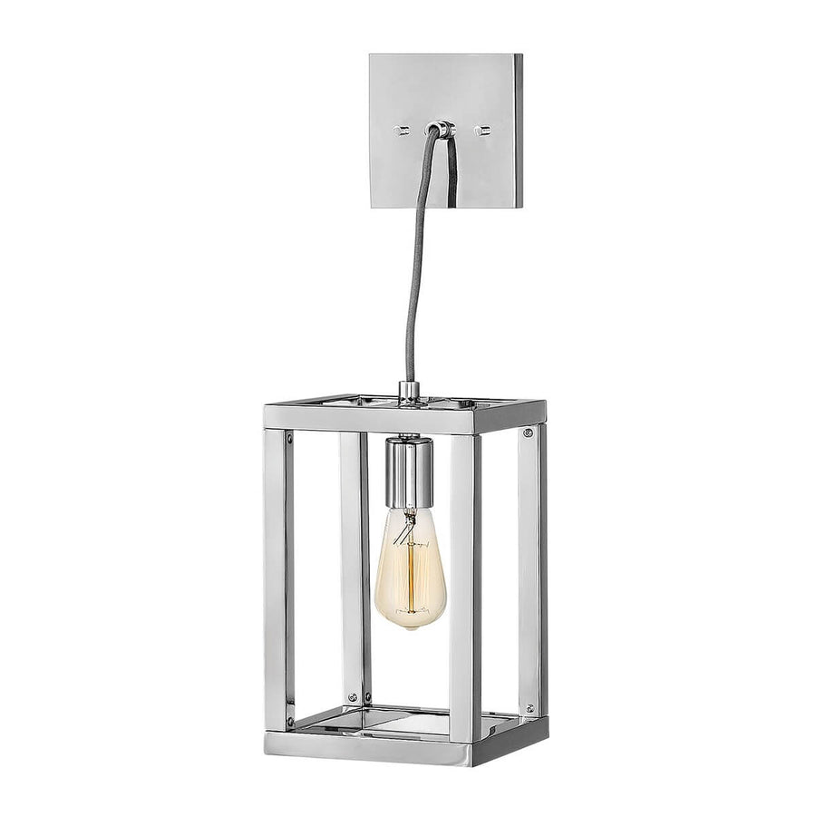 Vue de côté du luminaire suspendu, cadre métallique carré et câble tressé