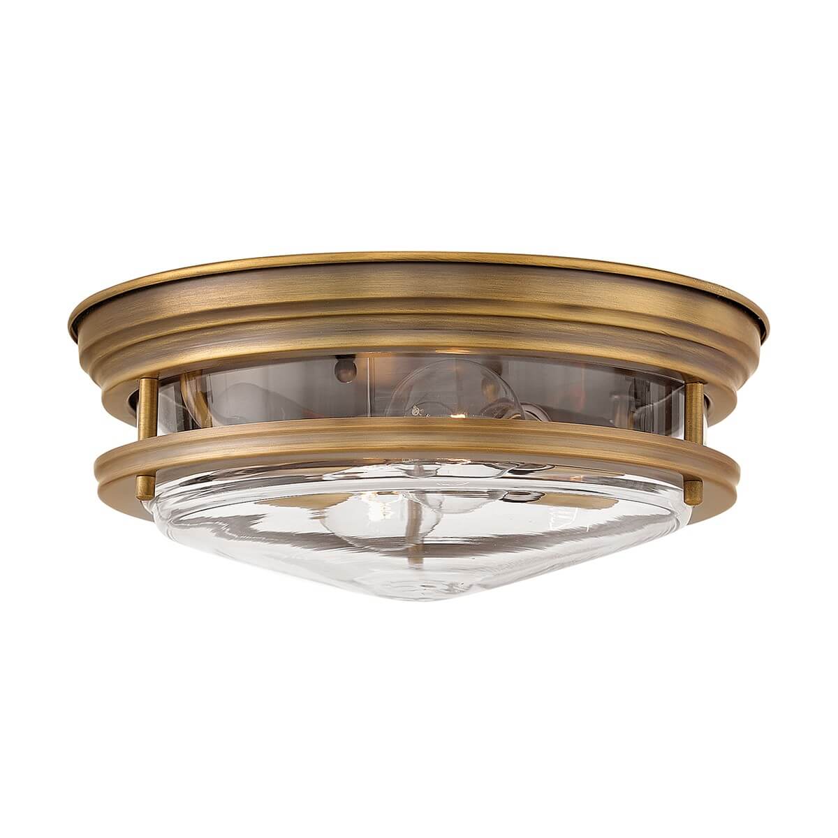 Plafonnier rond vu de face, monture laiton brossé et verre transparent bombé