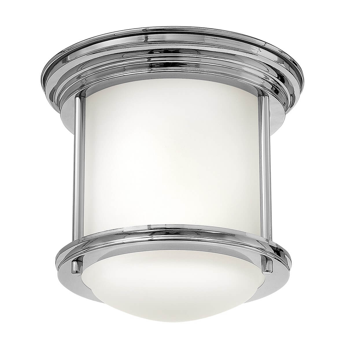 Plafonnier cylindrique en verre opalin blanc et cerclage chromé vu de face