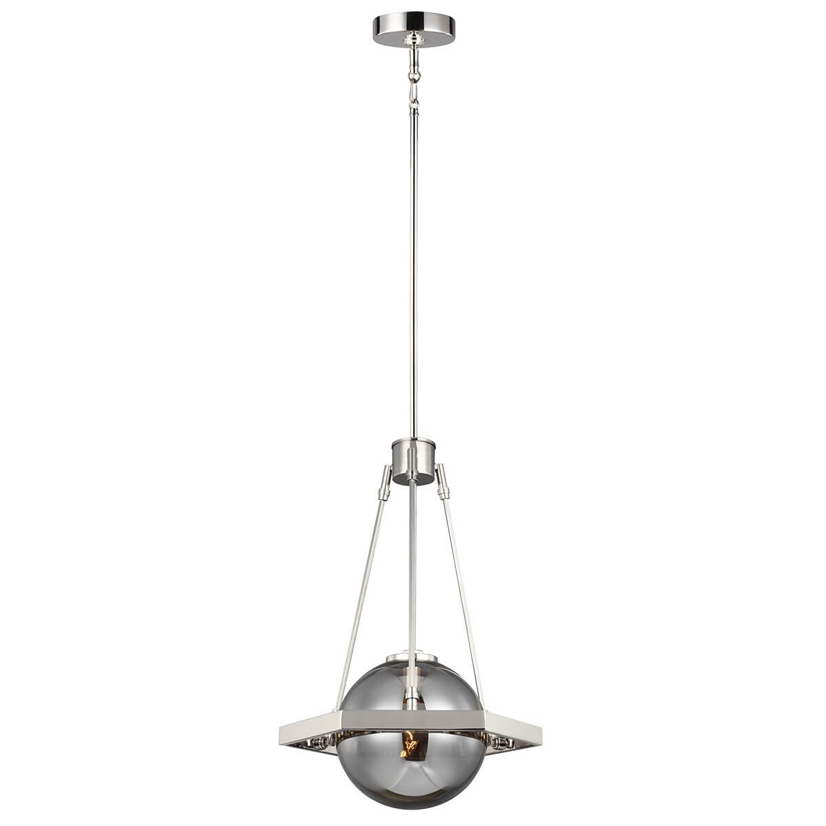 Vue d'ensemble de la suspension avec globe en verre fumé et cadre carré