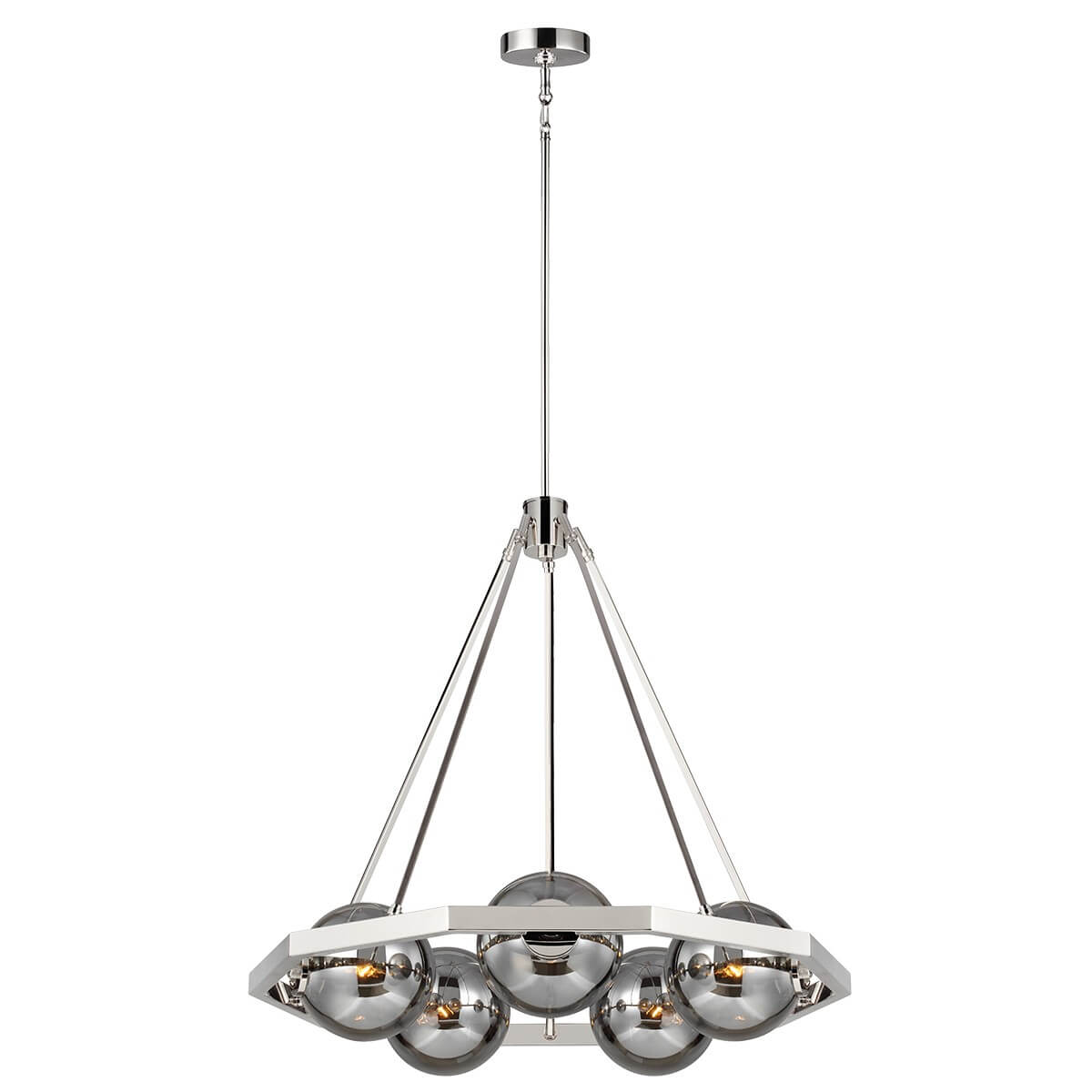 Lustre cinq lumières vu de face, structure nickel poli et globes en verre fumé