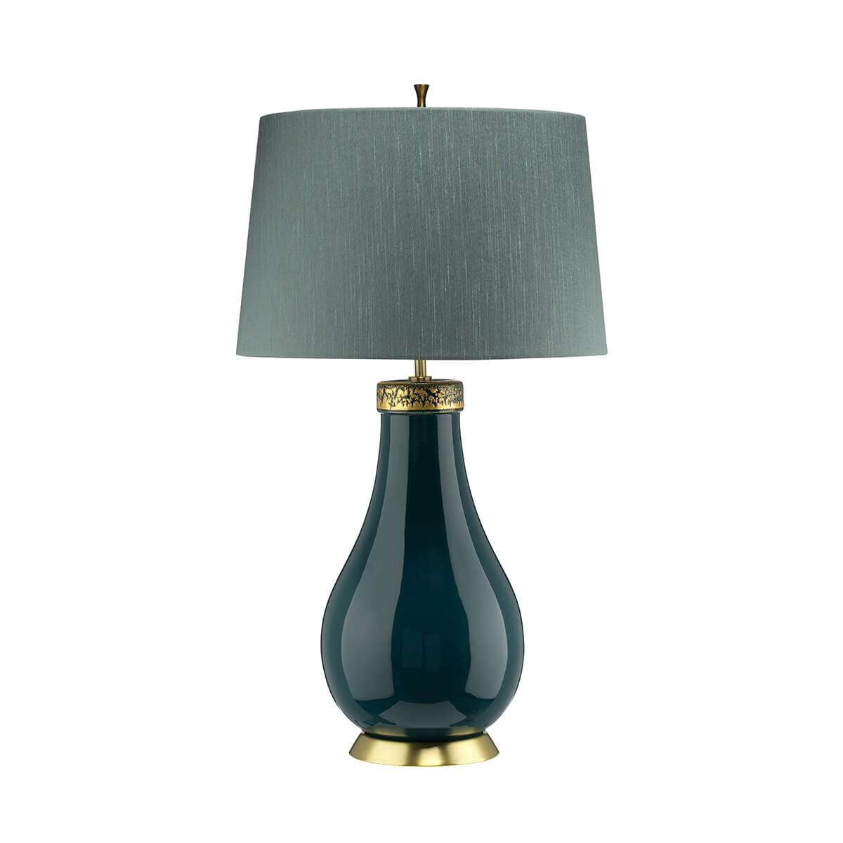 Vue de face du luminaire entier, abat-jour tronconique et base céramique bleu canard