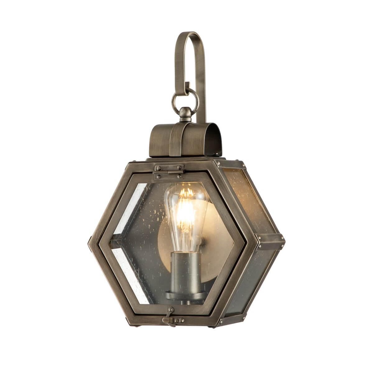 Vue de face de l'applique hexagonale bronze avec ampoule allumée