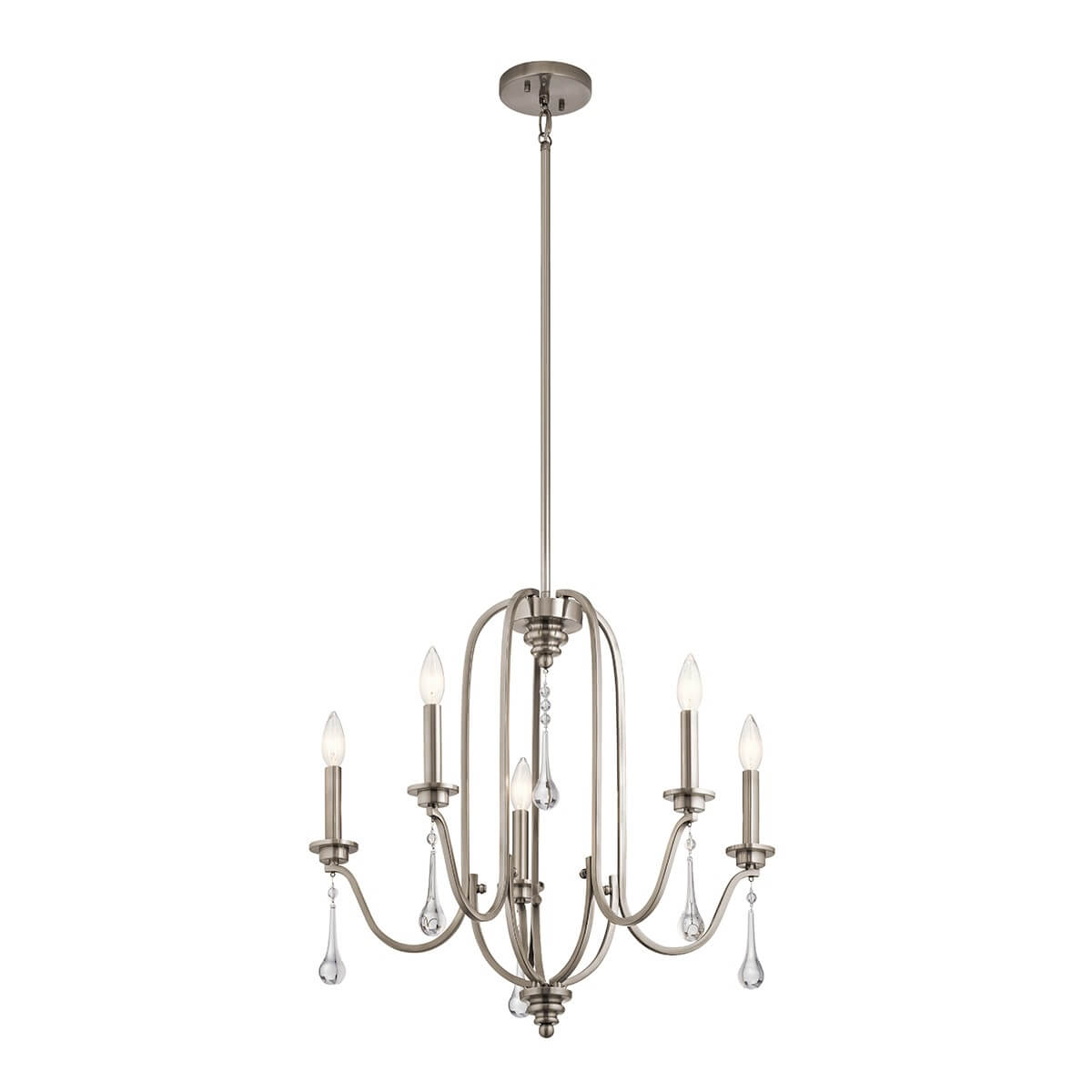 Lustre cinq lumières vu de face, bras recourbés et pampilles en cristal