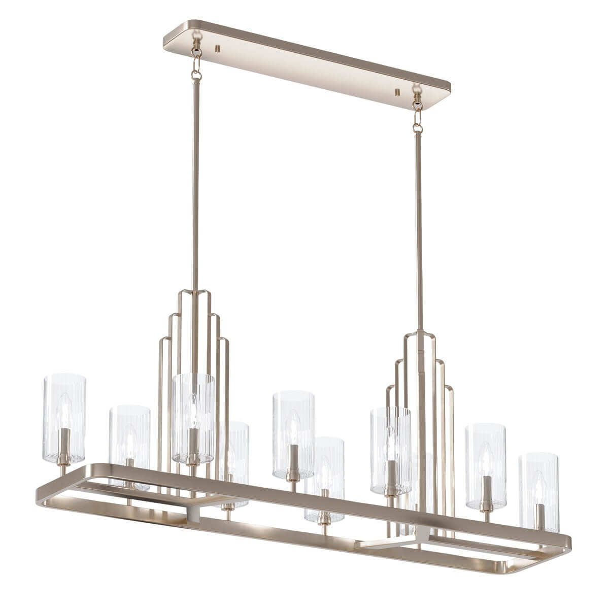 Lustre rectangulaire en nickel poli avec dix suspensions en verre transparent nervuré