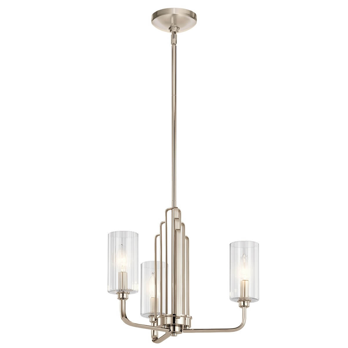 Lustre trois lumières vu de face, monture nickel poli et globes cylindriques en verre
