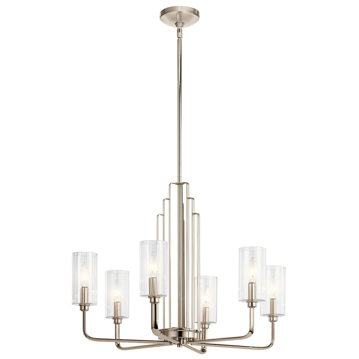 Lustre six lumières nickel poli avec diffuseurs cylindriques en verre clair