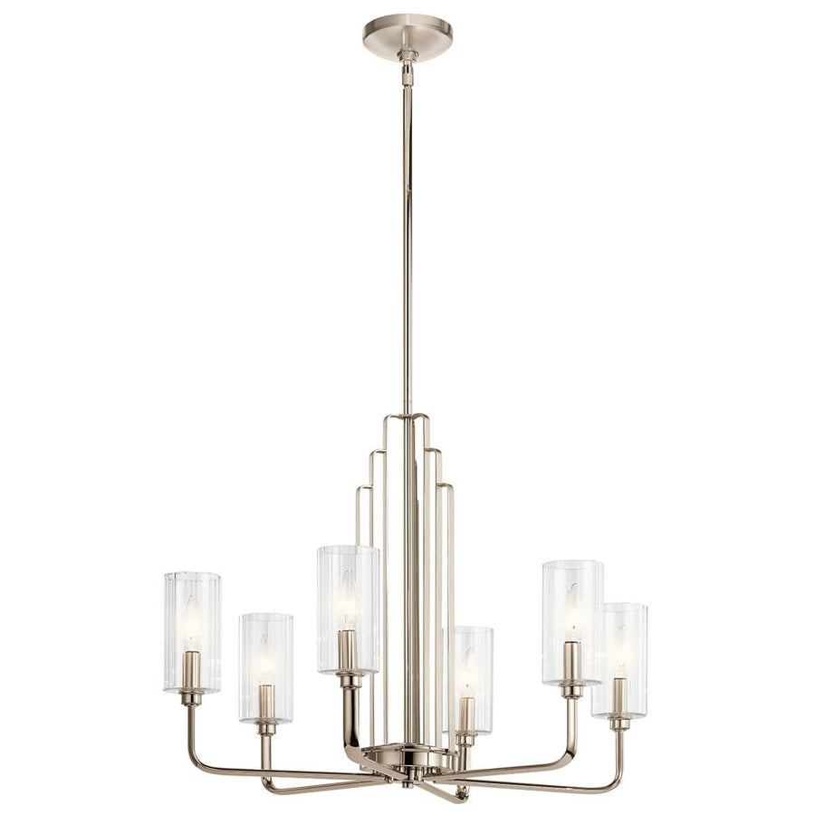 Lustre six lumières nickel poli avec diffuseurs cylindriques en verre clair
