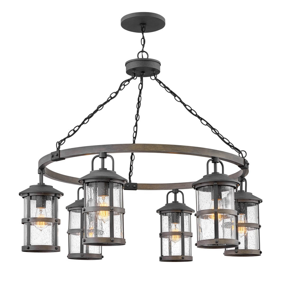 Vue de face du luminaire complet avec six lanternes suspendues sur un cercle