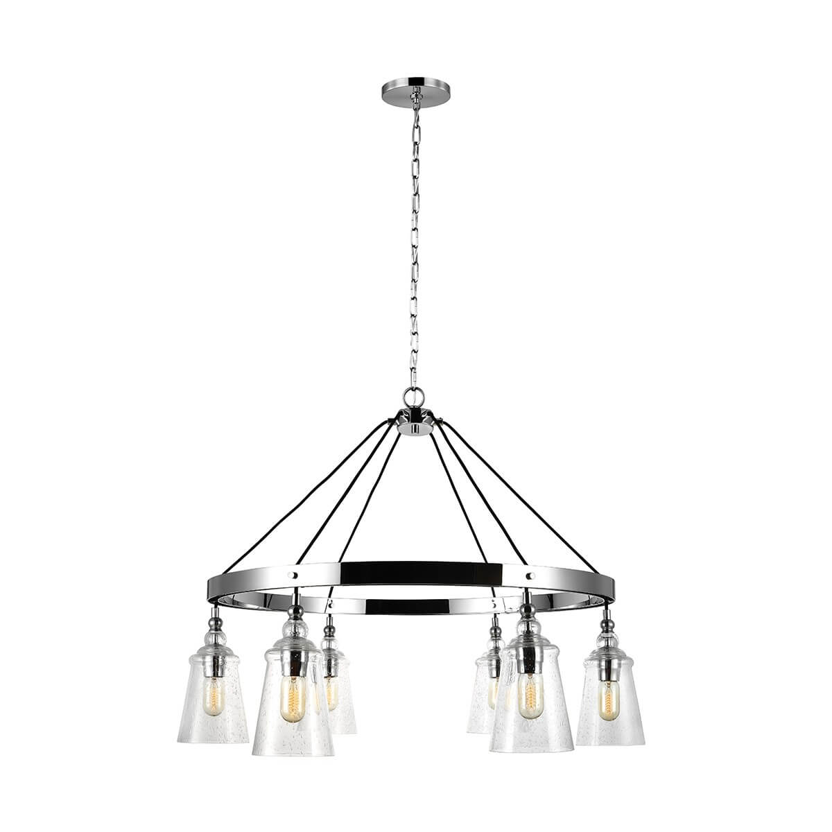 Lustre six lumières chromé suspendu avec abat-jours en verre clair, vue de face