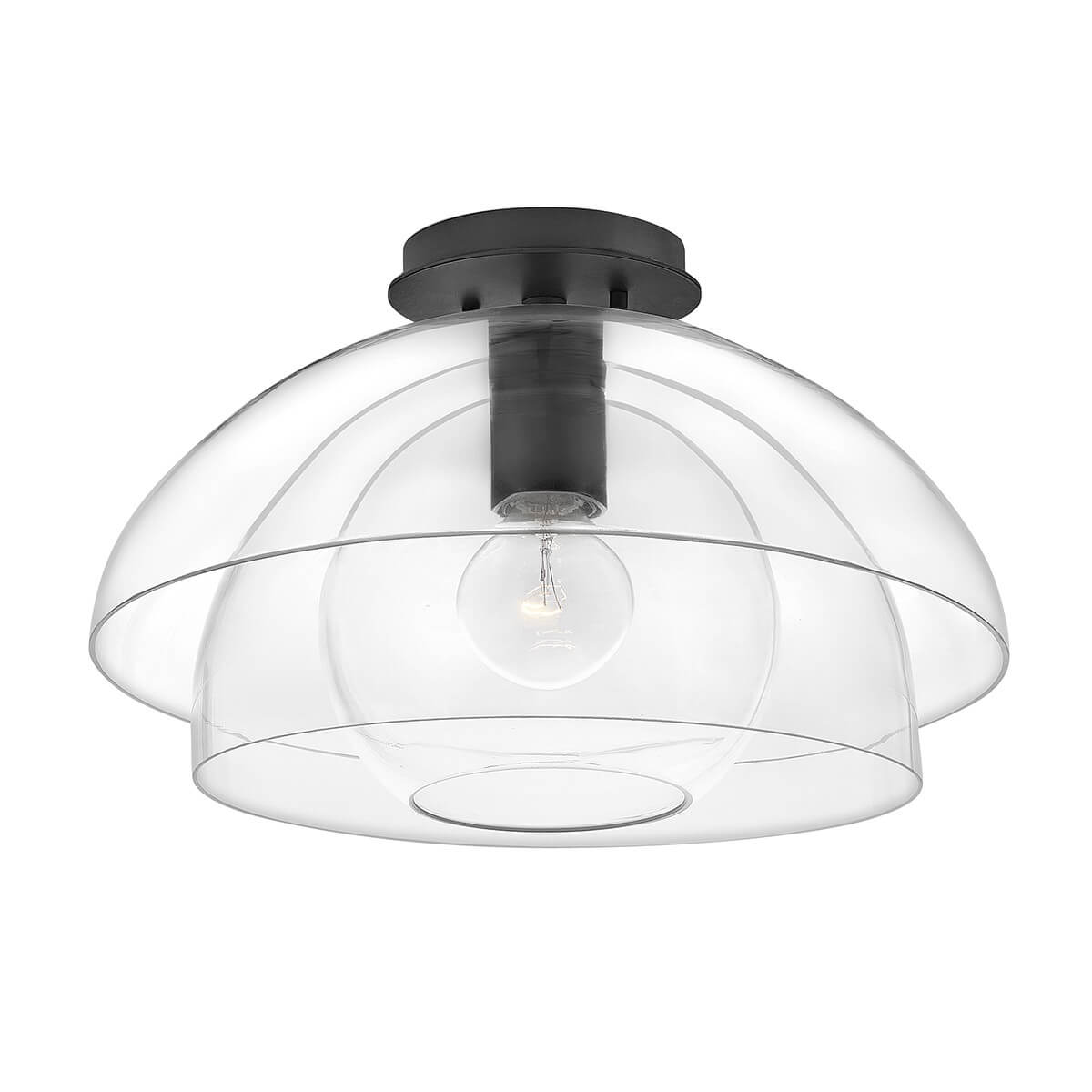 Luminaire monté au plafond sans tige apparente, abat-jour translucide en verre.