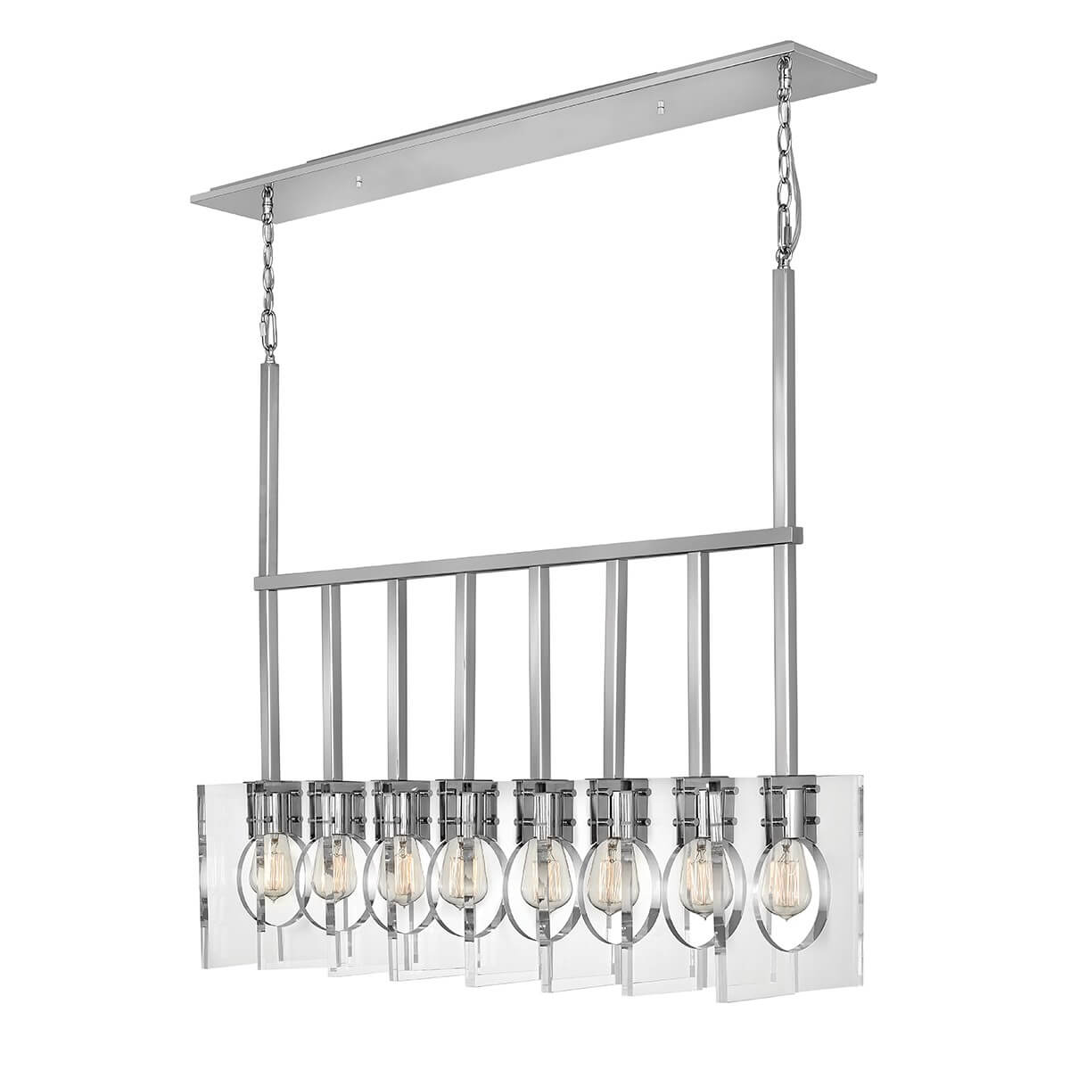 Suspension linéaire huit lumières en nickel poli avec panneaux transparents rectangulaires