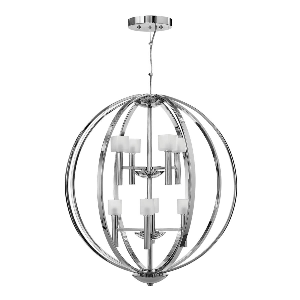 Lustre sphérique chromé à huit lumières, vue de face sur fond blanc