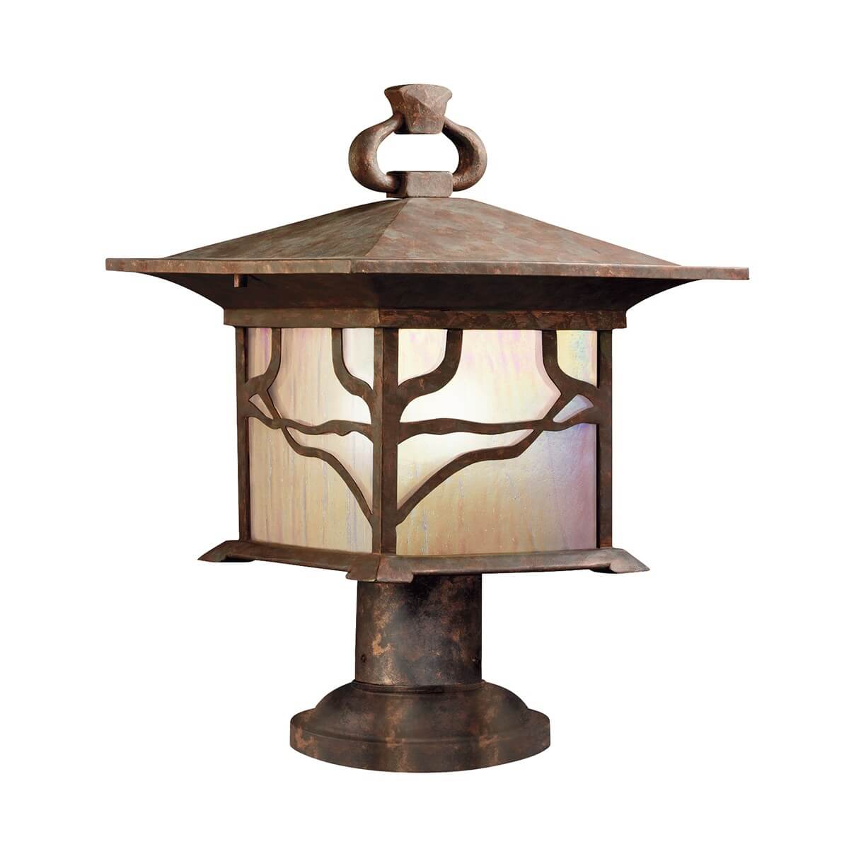 Lampadaire extérieur complet, lanterne carrée cuivrée sur socle cylindrique, fond blanc