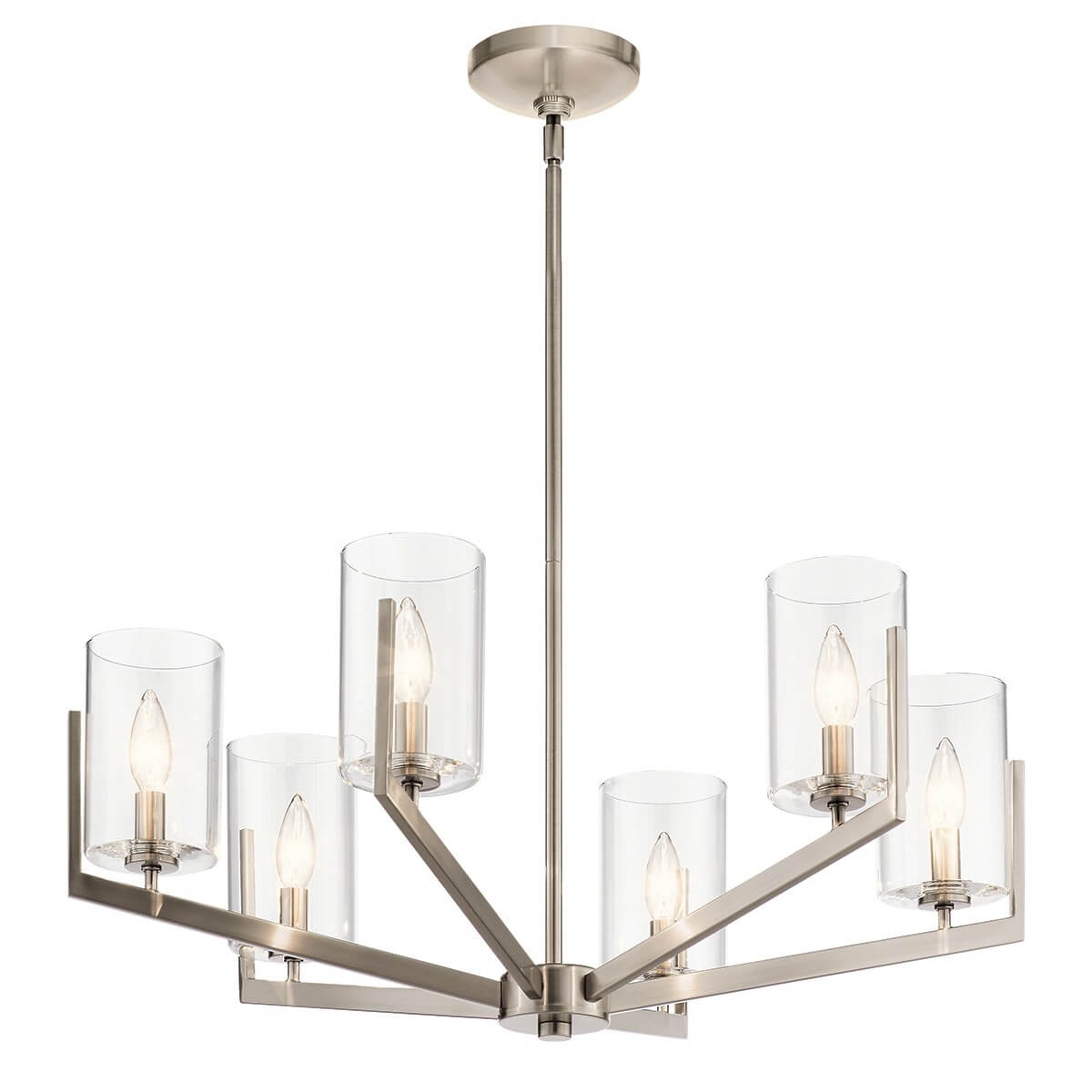 Vue de face du lustre suspendu avec six diffusants cylindriques en verre transparent et structure métallique.