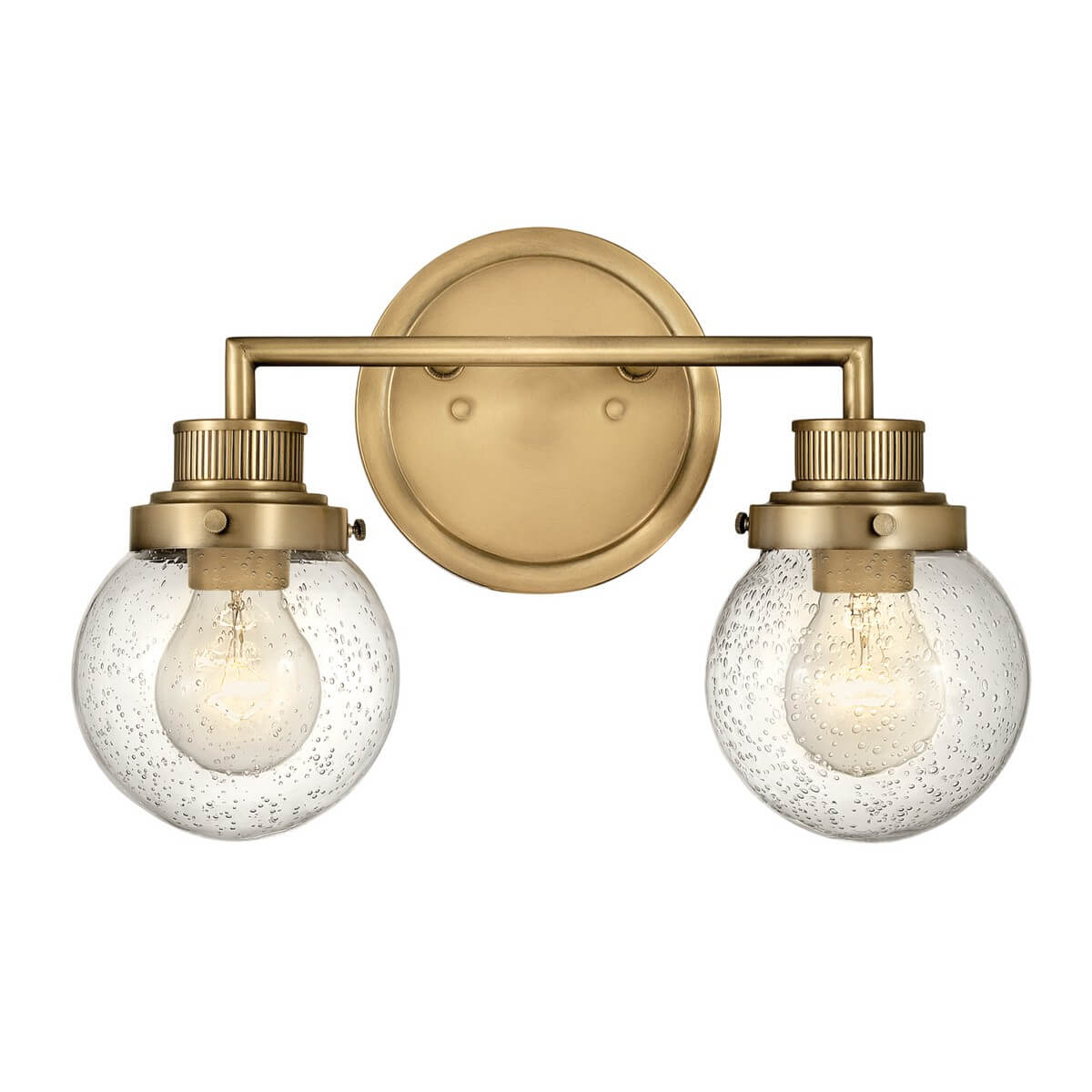 Vue de face de l'applique murale deux lumières en laiton avec globes en verre