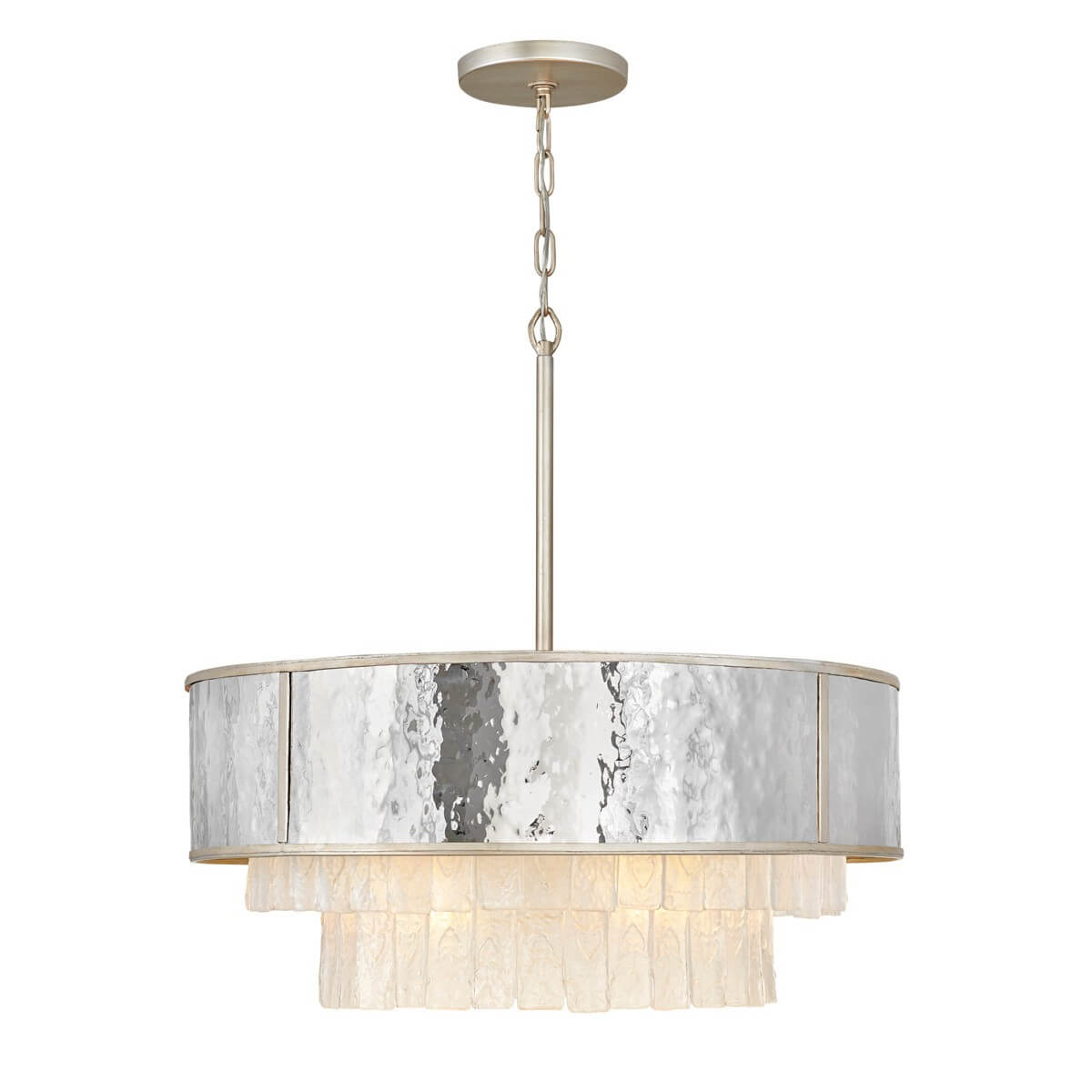 Vue d'ensemble de la suspension ronde dorée avec abat-jour miroir et cristaux