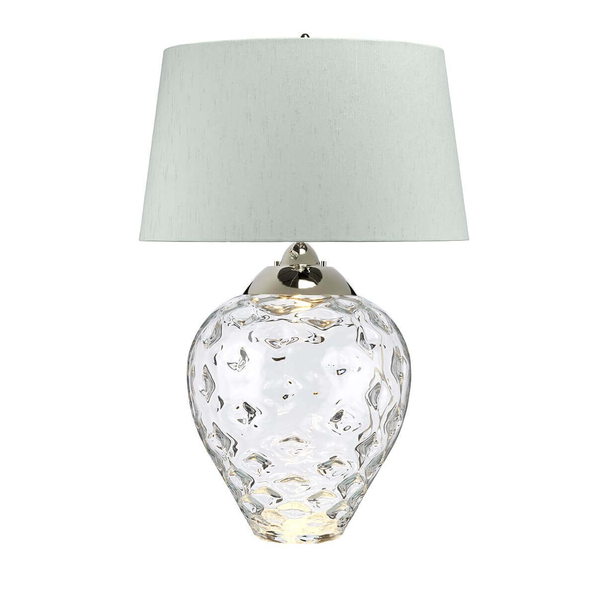 Lampe à poser de face, abat-jour conique blanc et base en verre transparent texturé