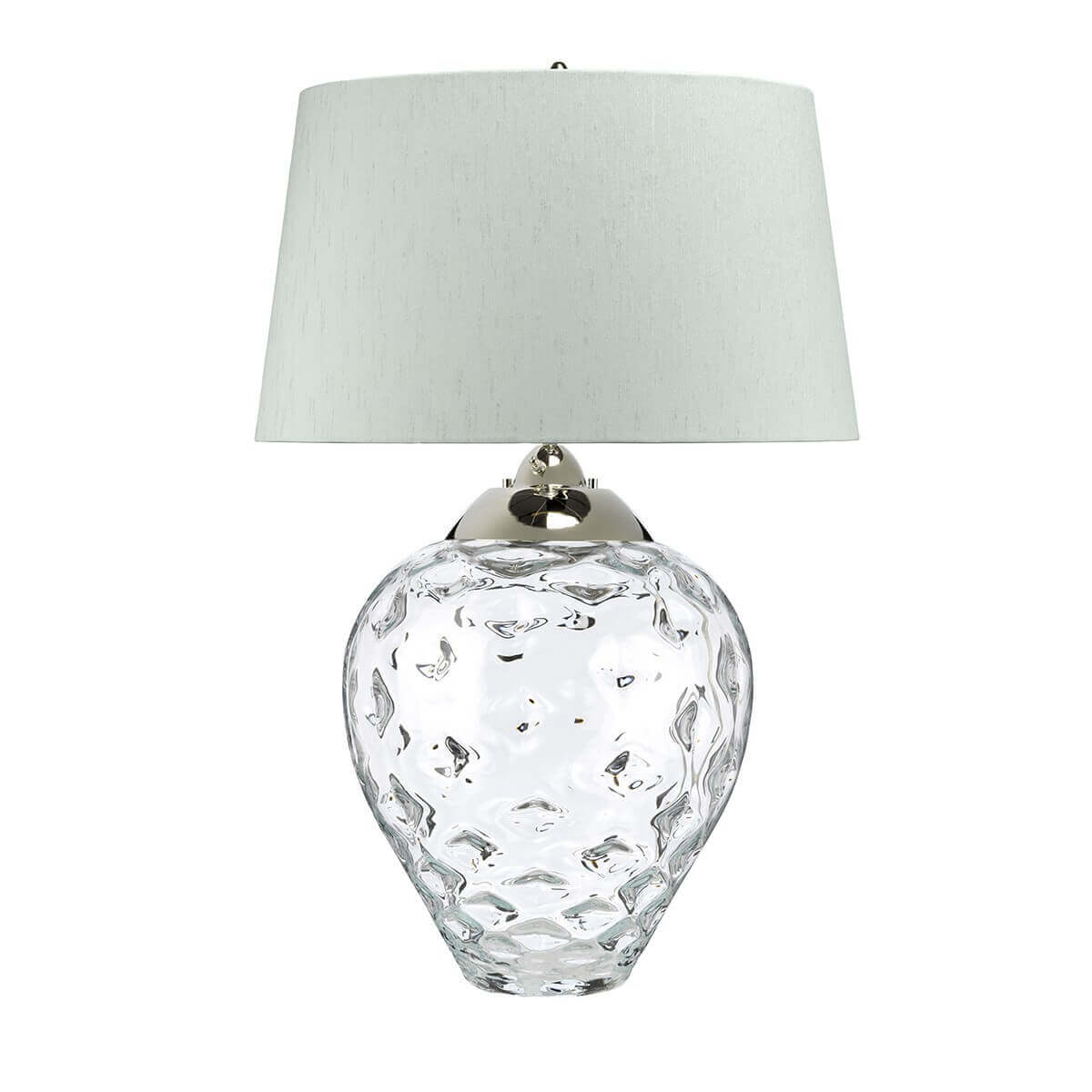 Détail du verre martelé transparent formant une panse arrondie au-dessus de la base