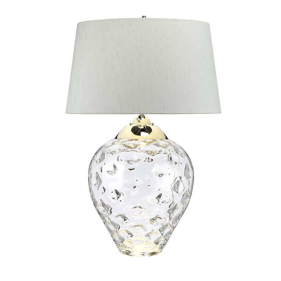 Vue d'ensemble du luminaire, proportions de l'abat-jour et de la base en verre clair