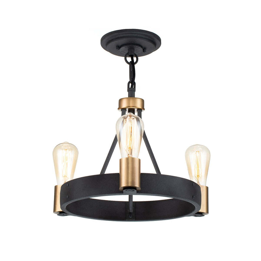 Mise en lumière du chandelier circulaire, trois ampoules Edison allumées en éclairage chaud