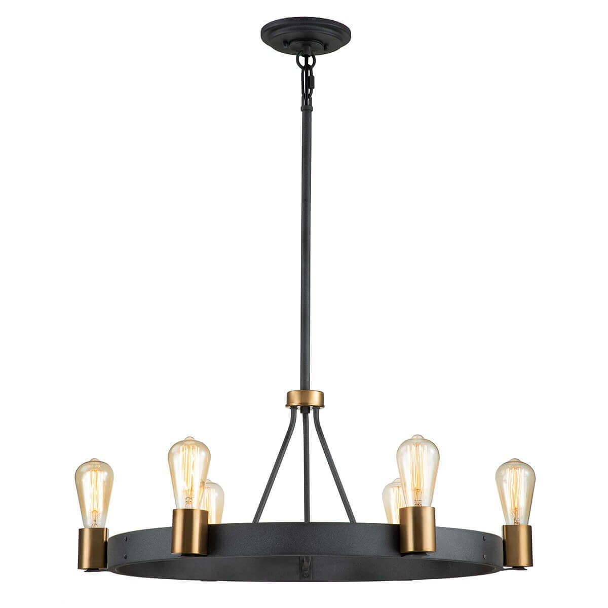 Suspension six lumières vue de face, anneau noir et douilles en laiton