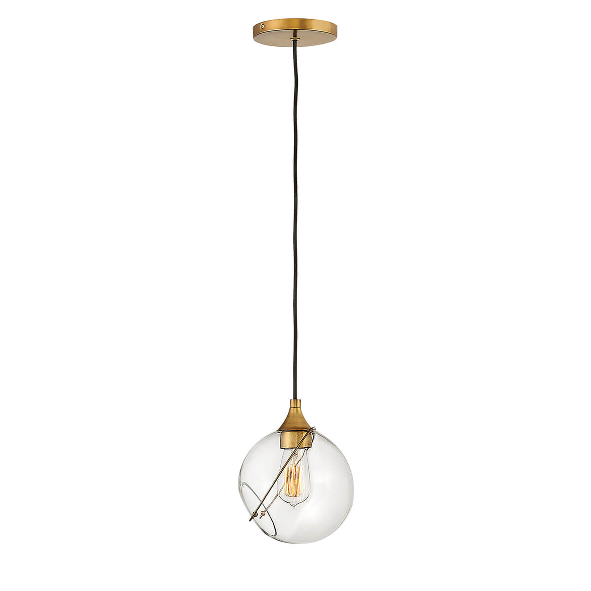 Suspension complète sur fond blanc, câble noir et verre transparent.