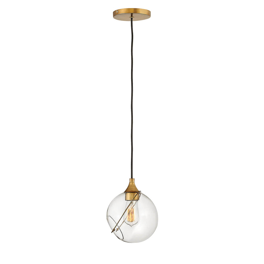 Suspension complète sur fond blanc, câble noir et verre transparent.