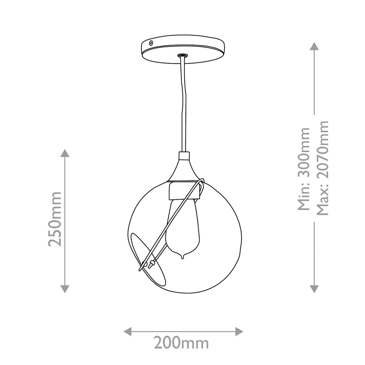Schéma de dimensions avec 250 mm, 200 mm et câble réglable.