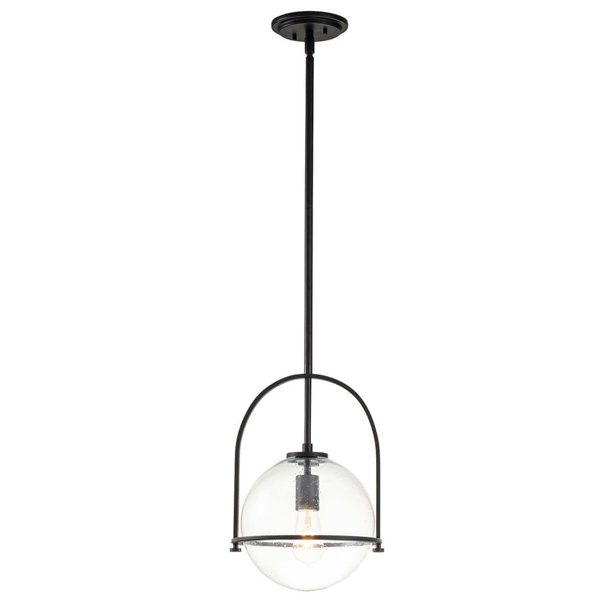 Suspension noire avec globe en verre transparent et ampoule visible sur fond blanc