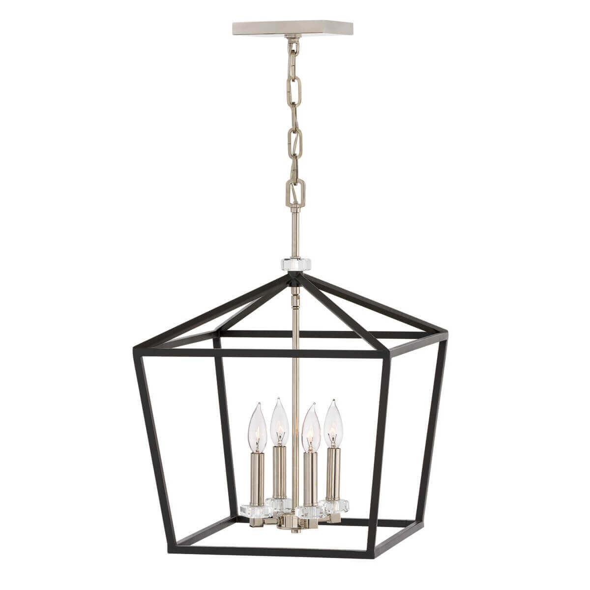 Suspension cage noire rectangulaire avec quatre bougies et tiges nickelées.