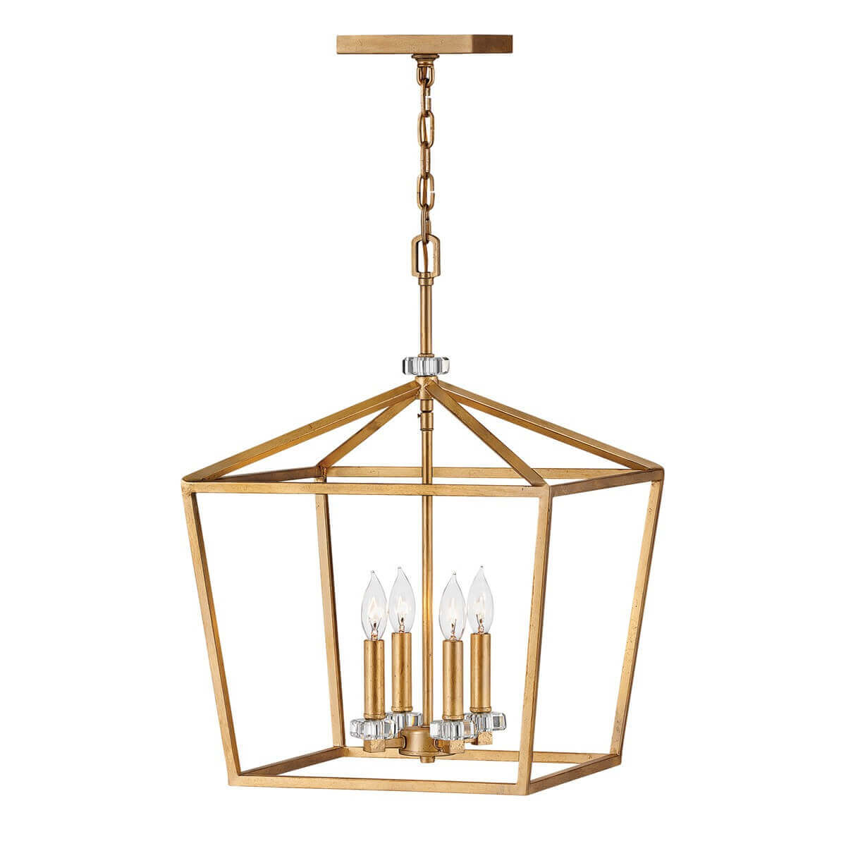 Suspension en laiton à cage rectangulaire ouverte avec quatre ampoules bougies et cristaux