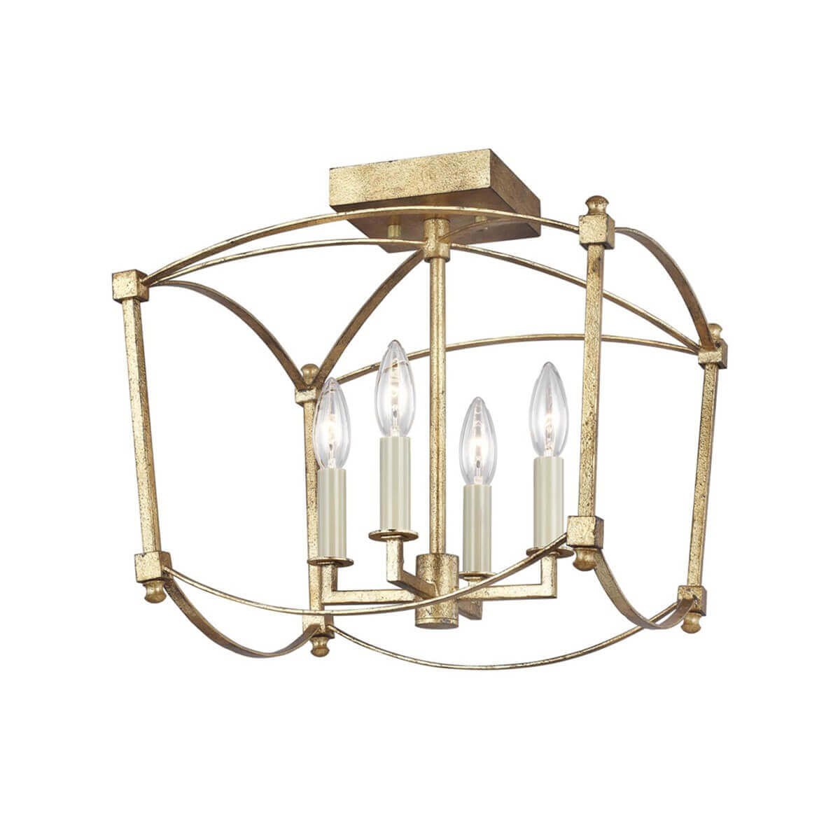 Plafonnier doré quatre lumières, structure cage vue de face sur fond blanc