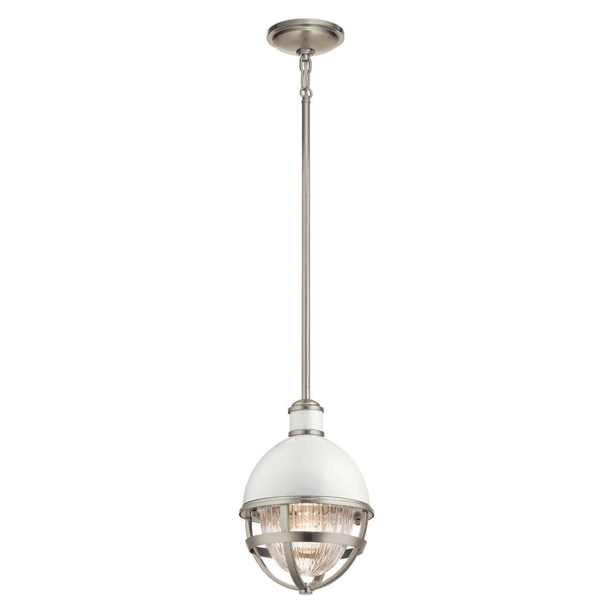 Suspension vue de face sur fond blanc, tige et rosace nickel satiné