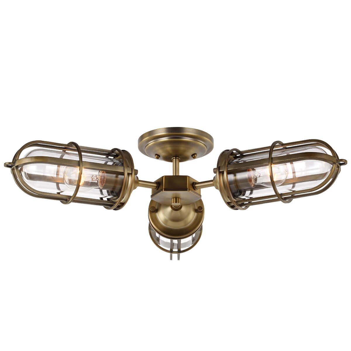 Vue d'ensemble du plafonnier trois lumières en laiton vieilli avec diffuseurs en verre transparent