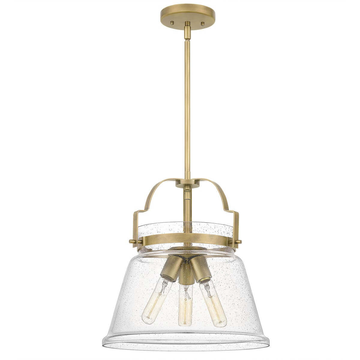 Suspension en laiton avec abat-jour en verre transparent et trois ampoules visibles