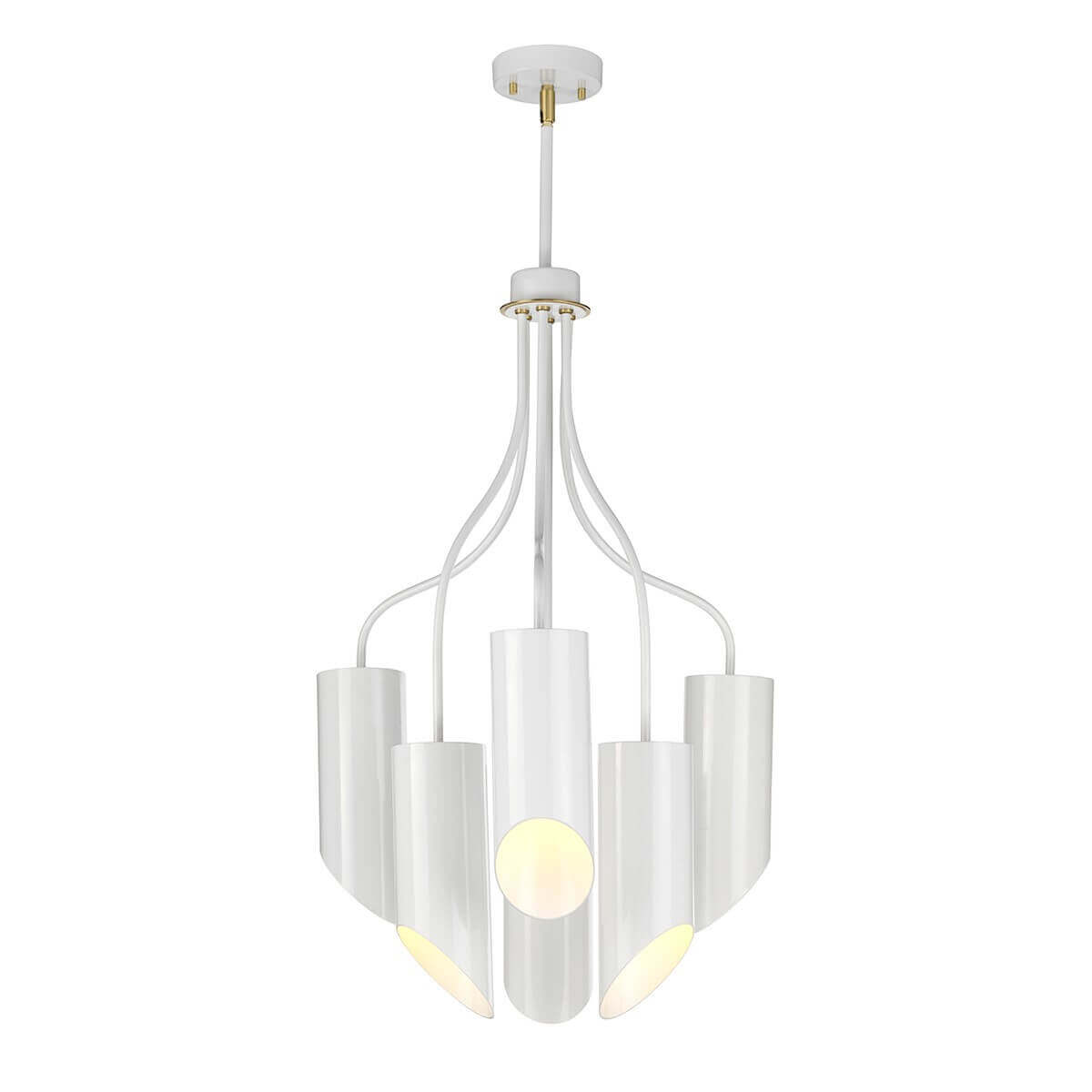 Lustre suspendu vu de face, six cylindres blancs et détails en laiton vieilli.