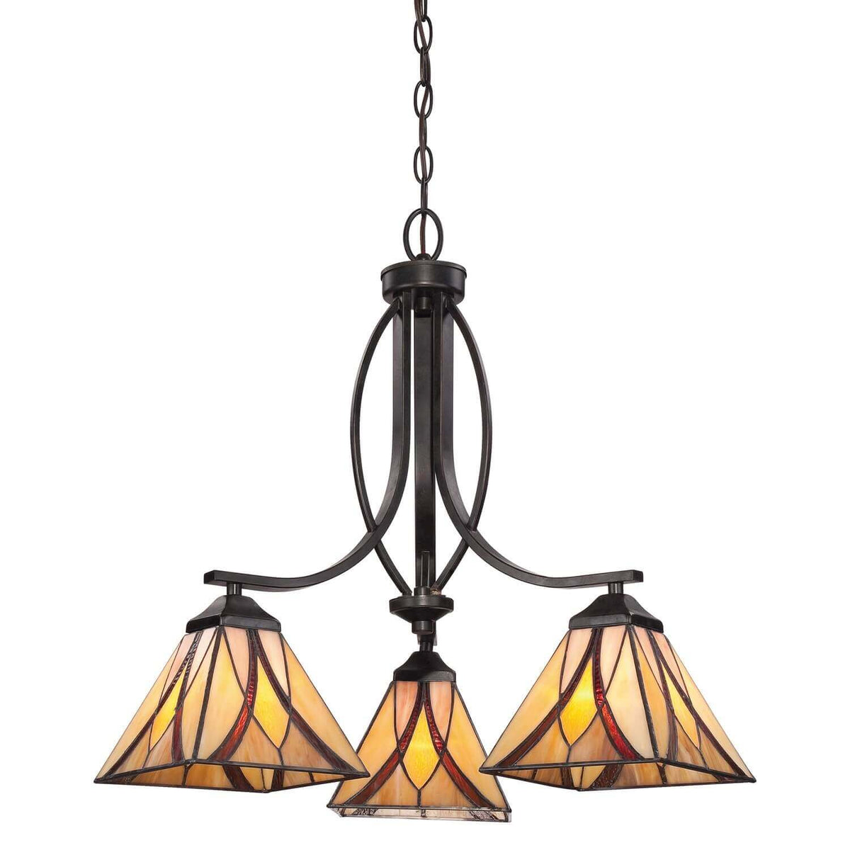 Lustre suspendu à trois lumières en bronze avec abat-jours coniques en verre tiffany