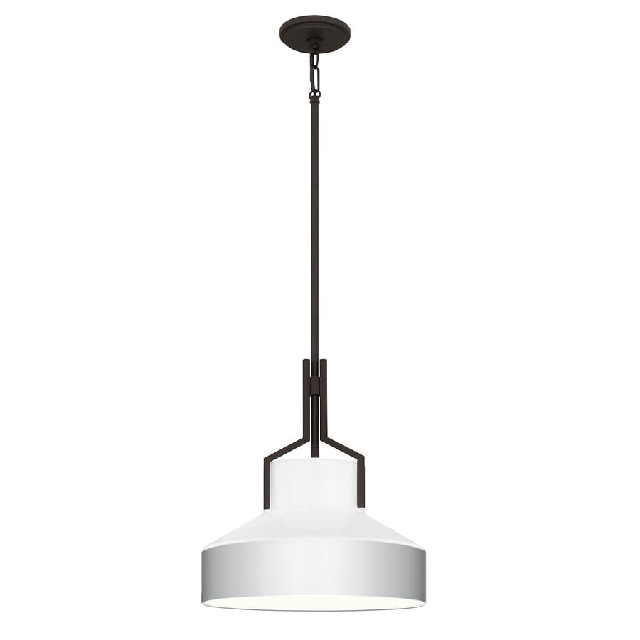 Vue de face du luminaire complet sur fond blanc, abat-jour cloche en verre opale.