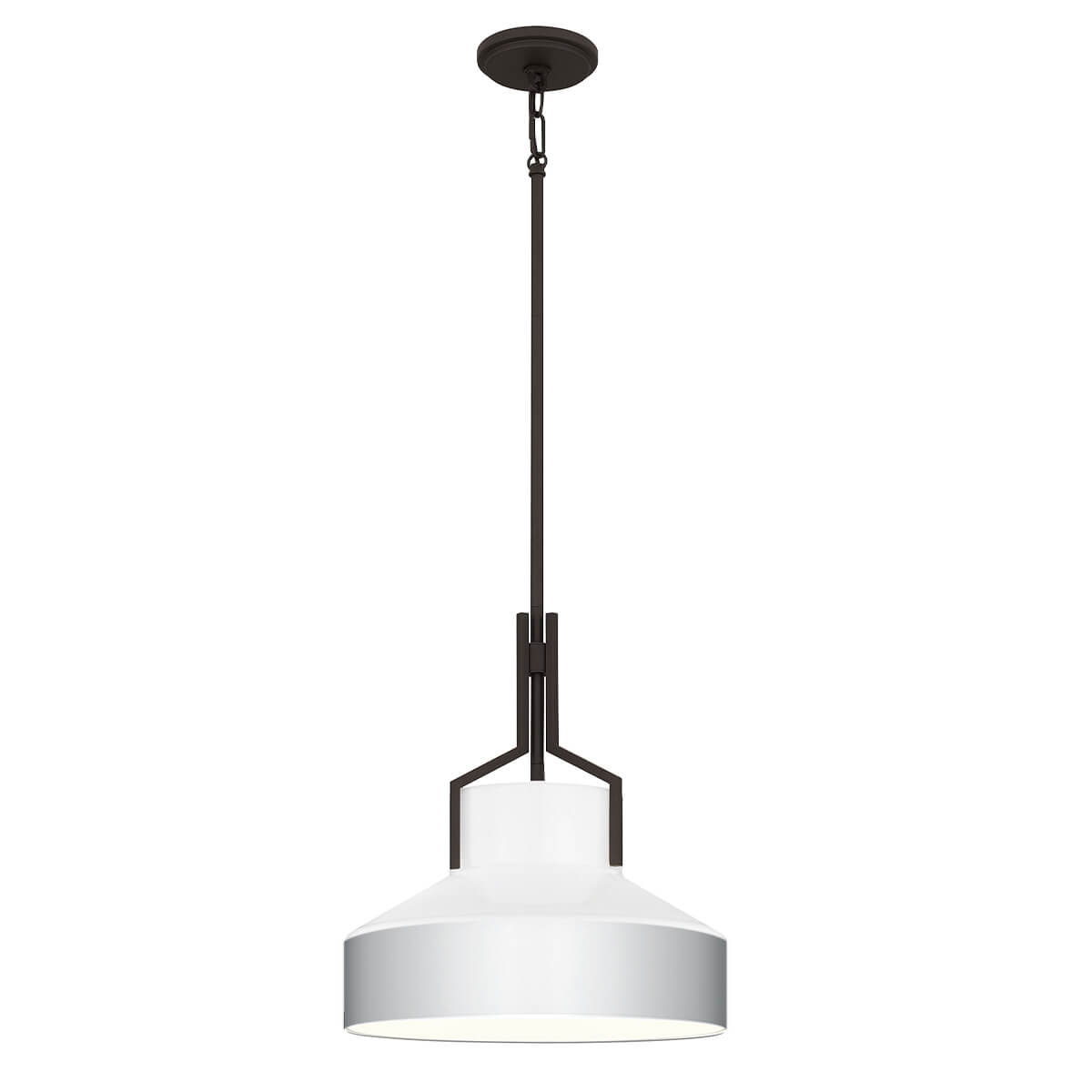 Vue de face du luminaire complet sur fond blanc, abat-jour cloche en verre opale.