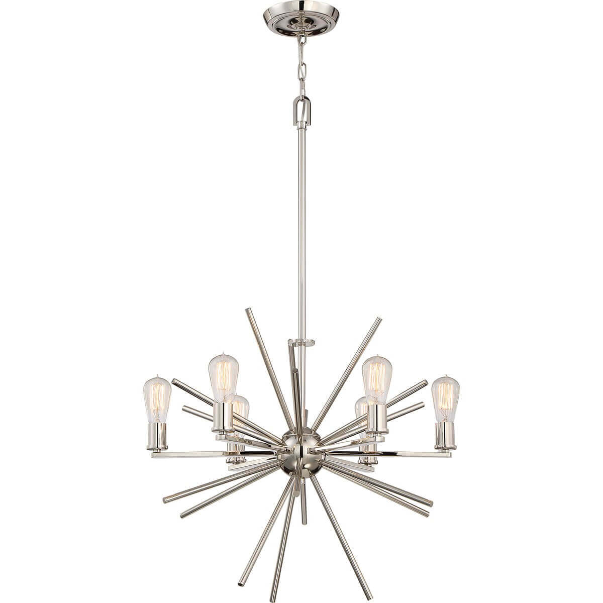 Lustre six lumières argenté vu de face, structure en étoile avec ampoules apparentes
