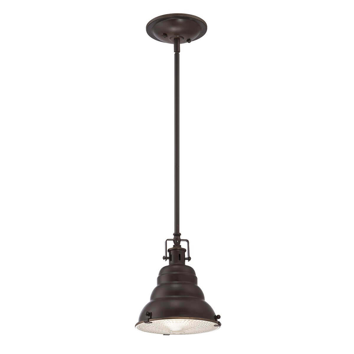 Suspension industrielle complète vue de face sur fond blanc, abat-jour bronze et verre strié