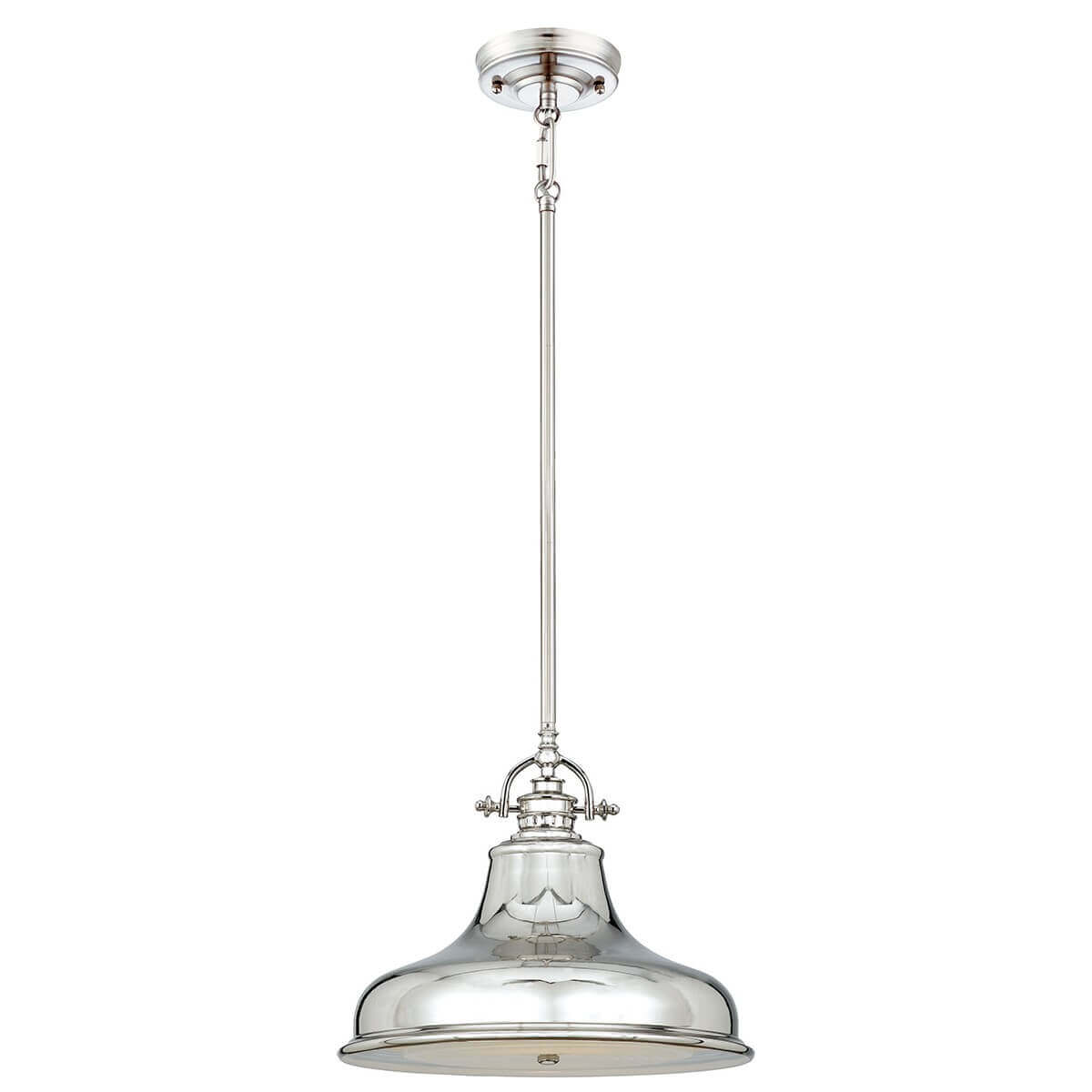 Suspension complète argentée avec tige métallique et grand abat-jour en verre transparent.