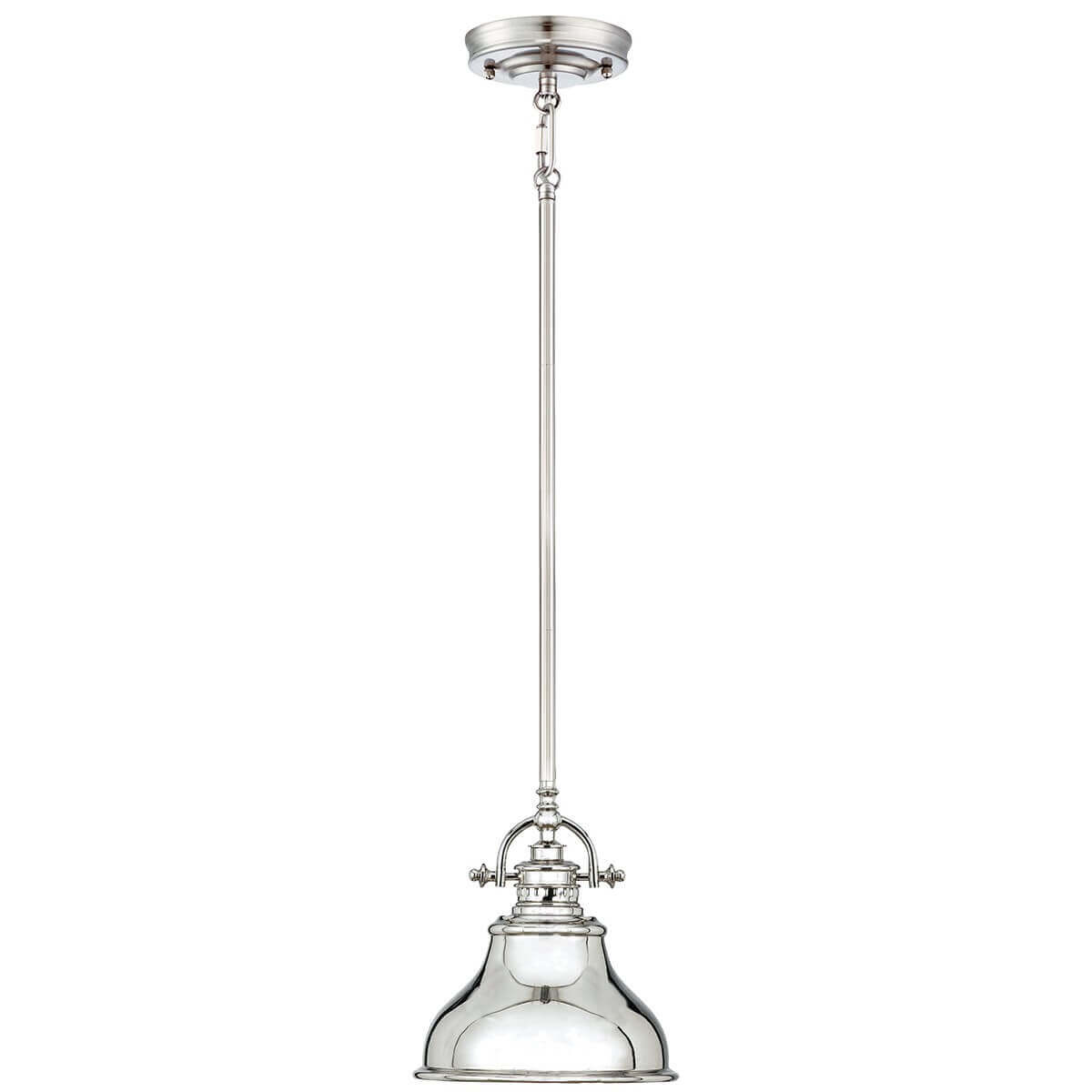 Suspension complète de face, verre transparent et finition argentée sur fond blanc.