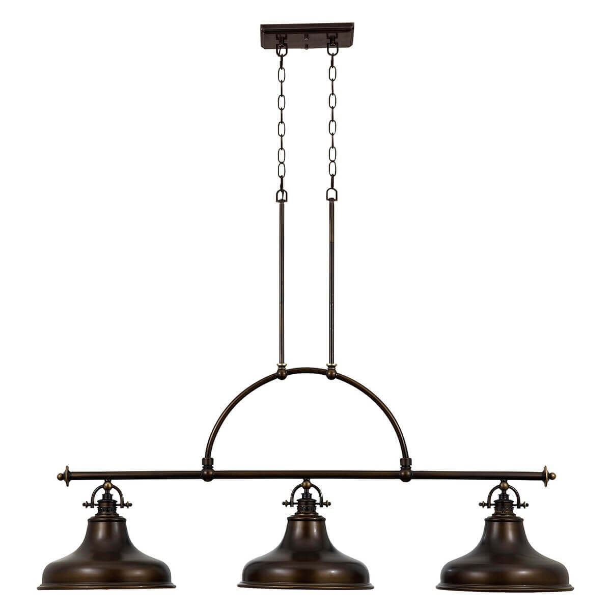 Suspension trois lumières en bronze avec abat-jours métalliques, vue de face sur fond blanc.